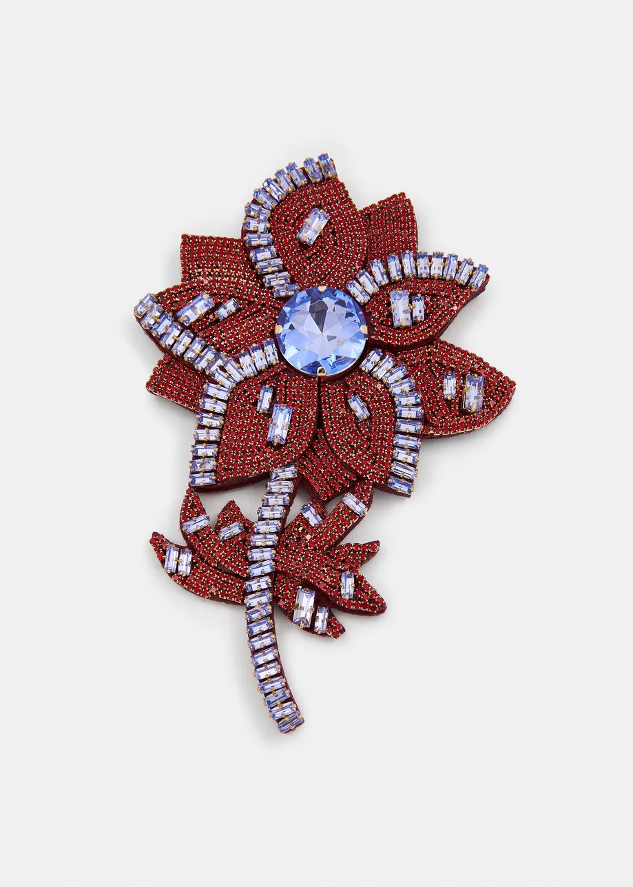 Dark red and blue rhinestone flower brooch