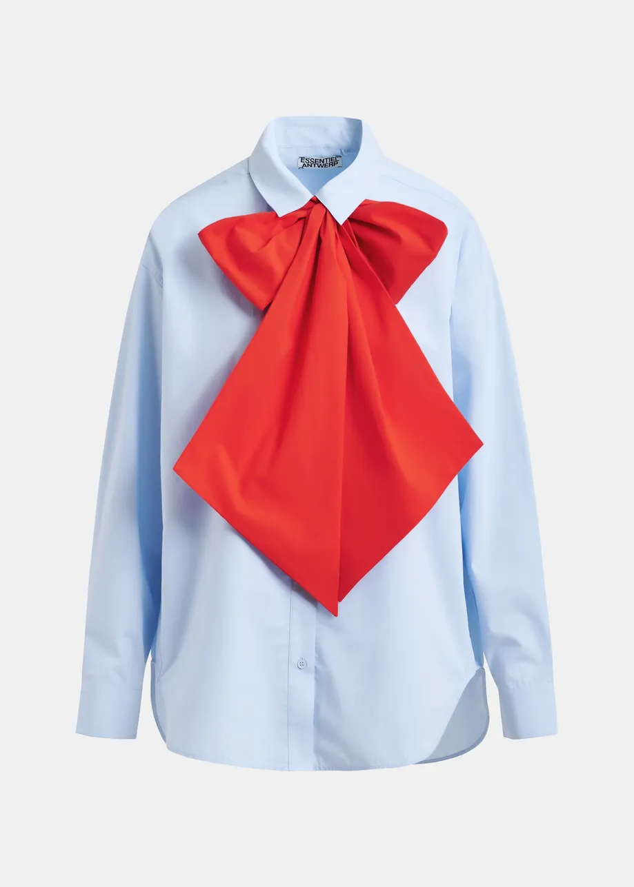 Blue and red cotton shirt with removable bow tie