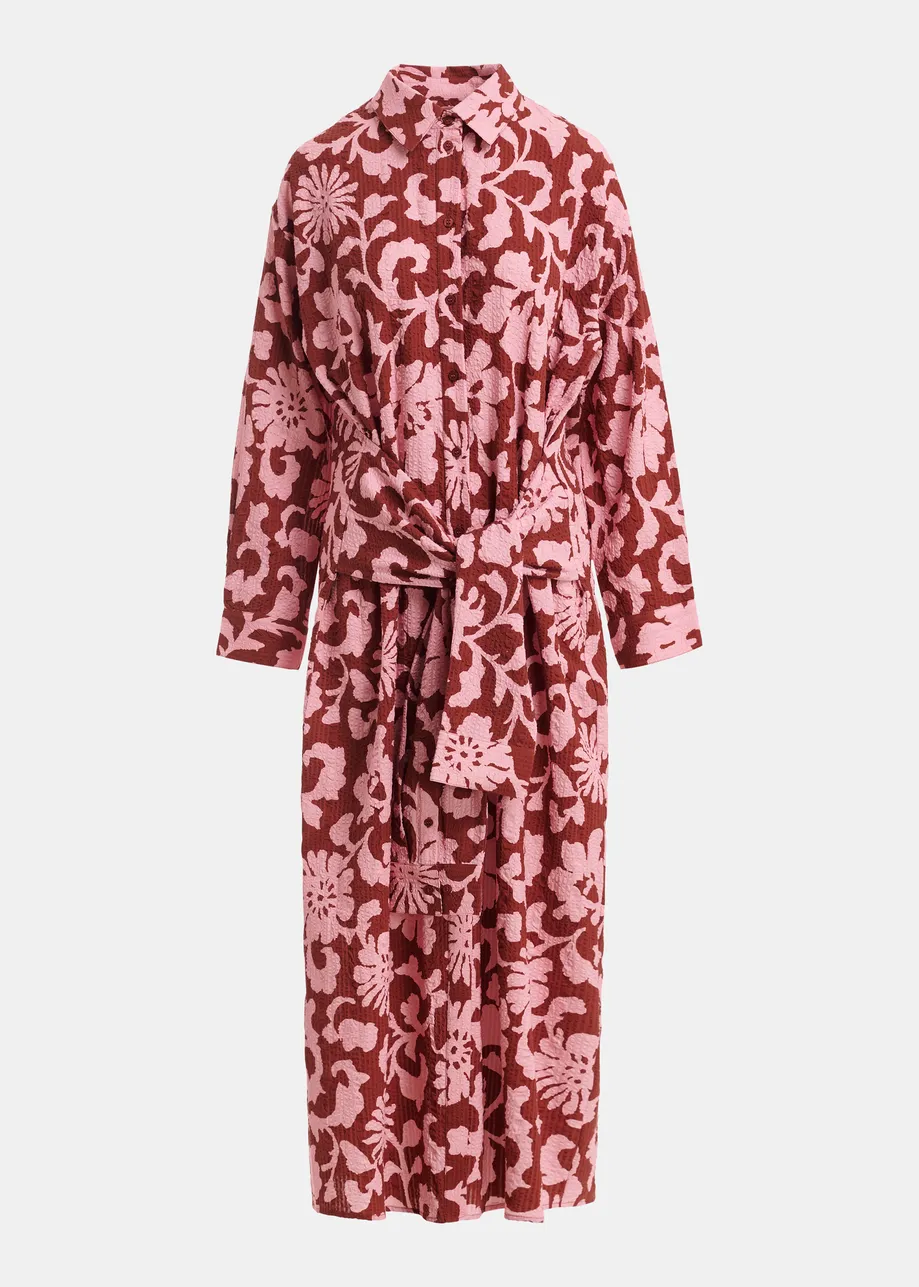 Abito chemisier in cotone rosa e rosso scuro con dettagli in finte maniche