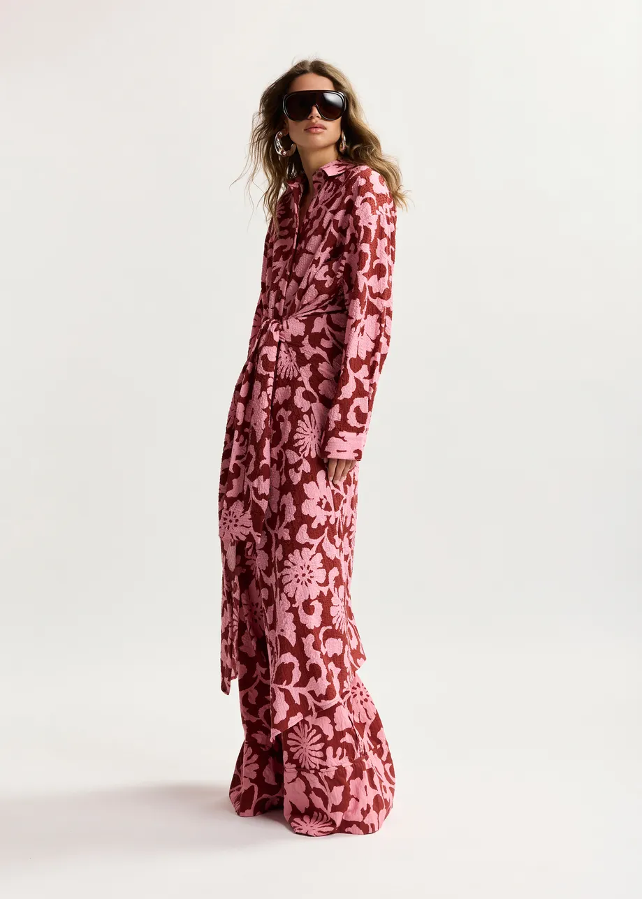 Abito chemisier in cotone rosa e rosso scuro con dettagli in finte maniche