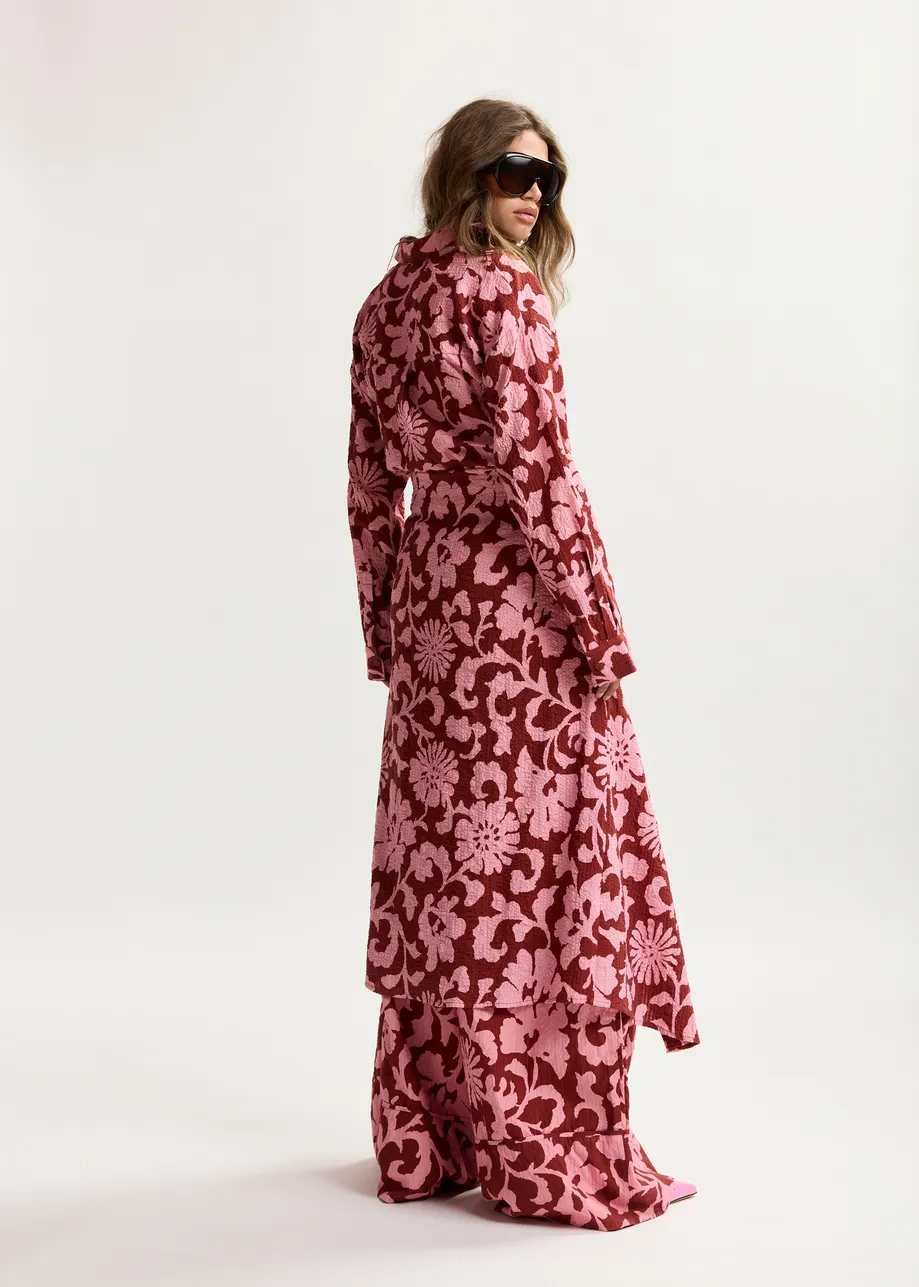 Abito chemisier in cotone rosa e rosso scuro con dettagli in finte maniche