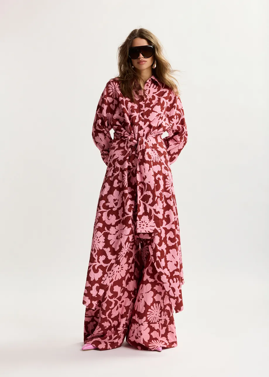 Abito chemisier in cotone rosa e rosso scuro con dettagli in finte maniche