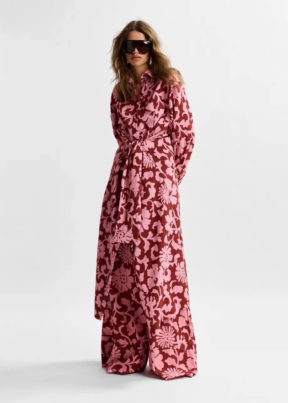 Pink and dark red cotton shirt dress with faux-sleeve detailing