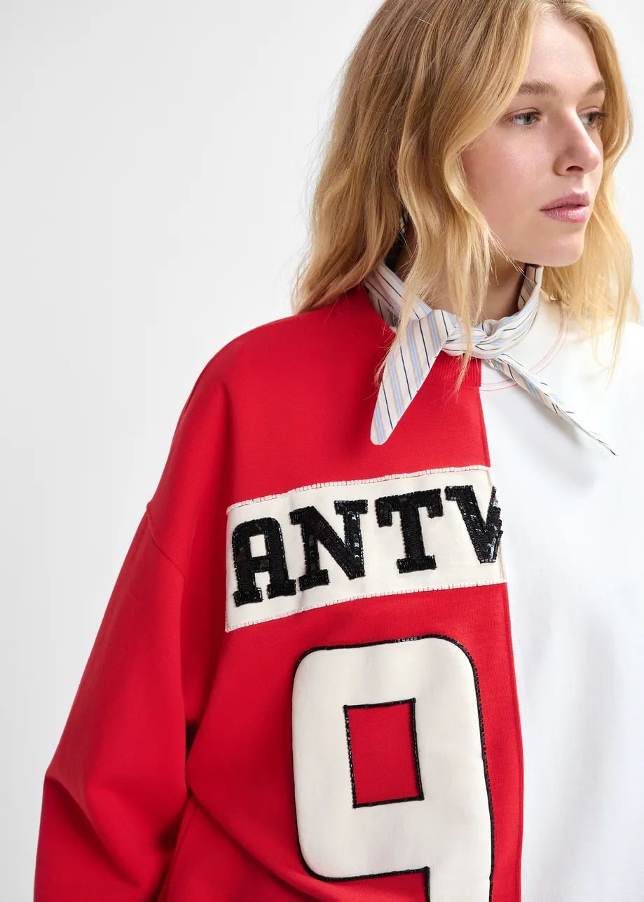 Red and white split-panel appliquéd cotton sweatshirt