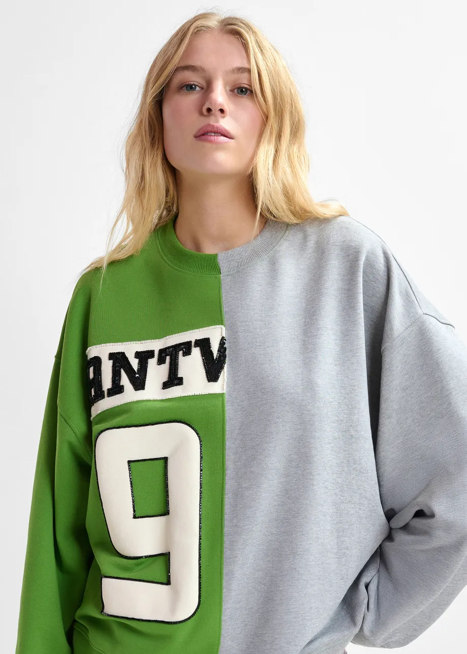 Green and grey split-panel appliquéd cotton sweatshirt