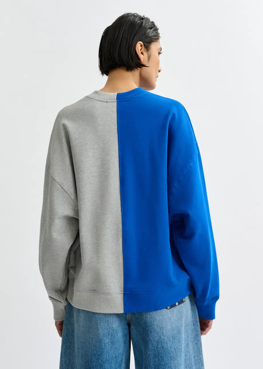 Blauwe en grijze sweater van 2 helften met appliques