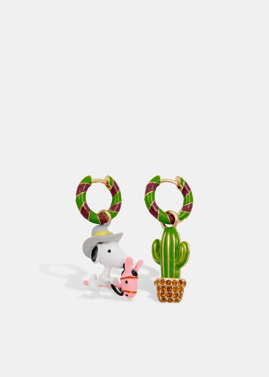 Green and brown hoop earrings with Snoopy and cactus