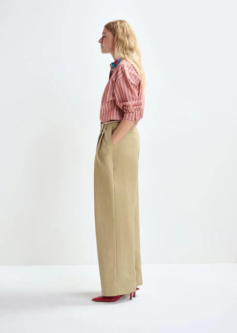 Beige pleated wide-leg pants