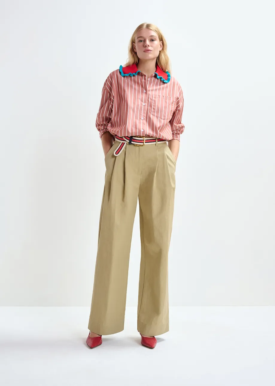Beige pleated wide-leg pants