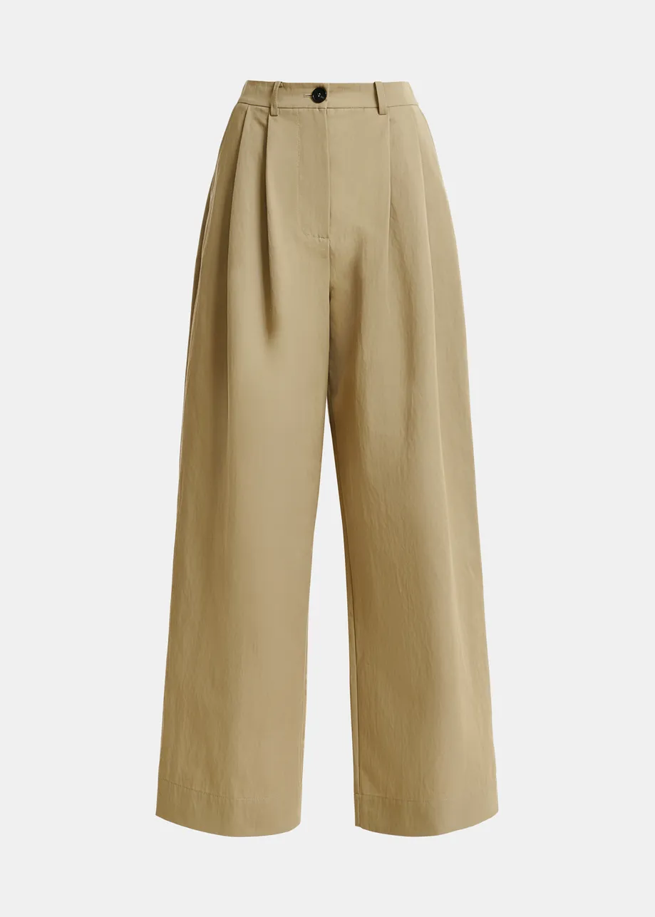 Beige pleated wide-leg pants