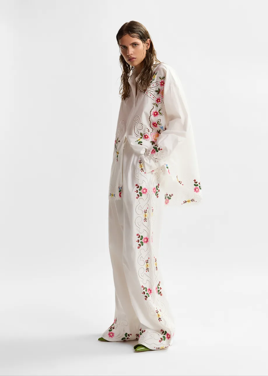 White and multicolor floral embroidered wide-leg cotton trousers
