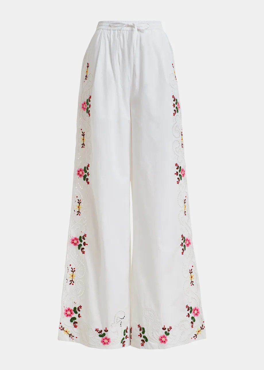 White and multicolor floral embroidered wide-leg cotton trousers