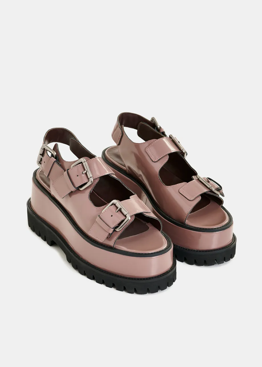 Bruine chunky leren plateausandalen met gespdetails