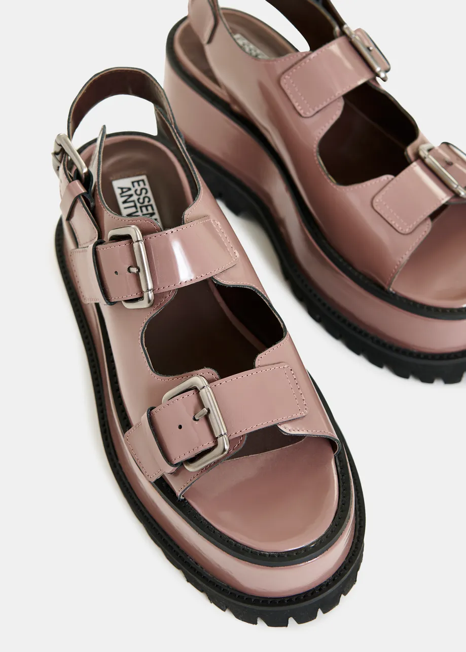 Bruine chunky leren plateausandalen met gespdetails