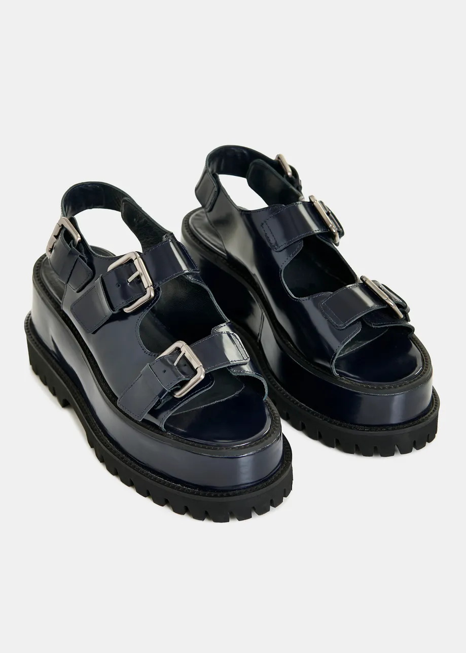 Zwarte chunky leren plateausandalen met gespdetails