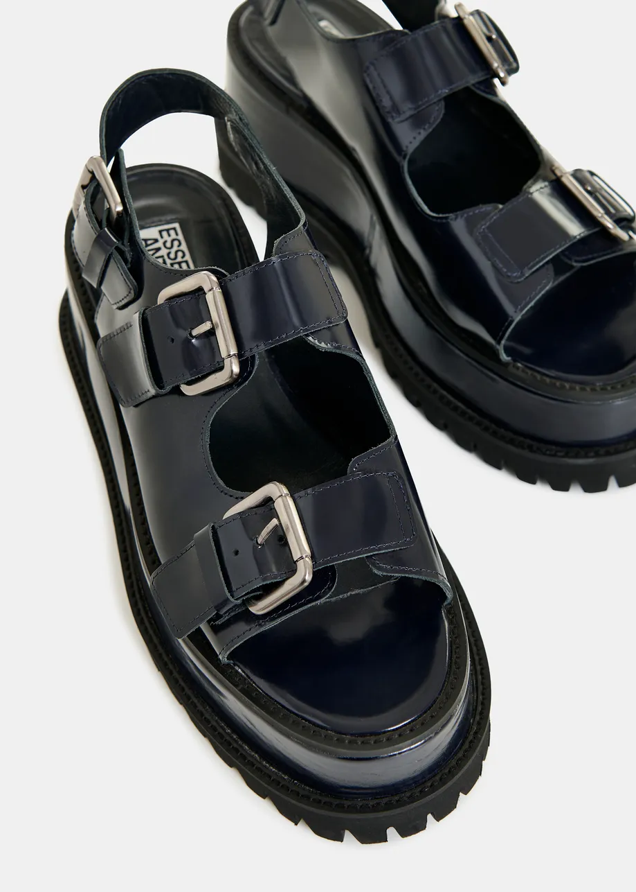 Zwarte chunky leren plateausandalen met gespdetails