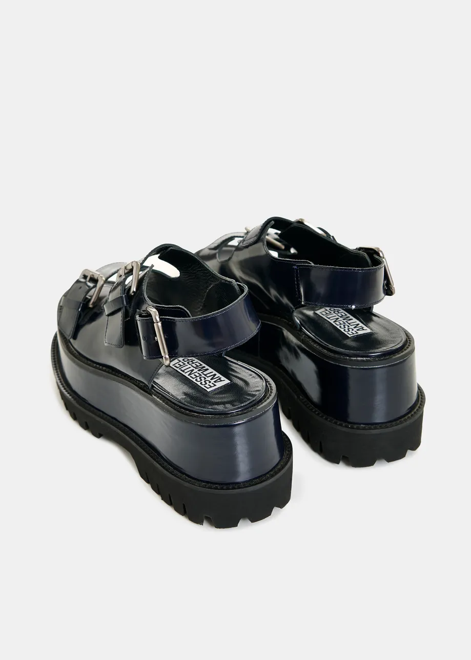 Zwarte chunky leren plateausandalen met gespdetails