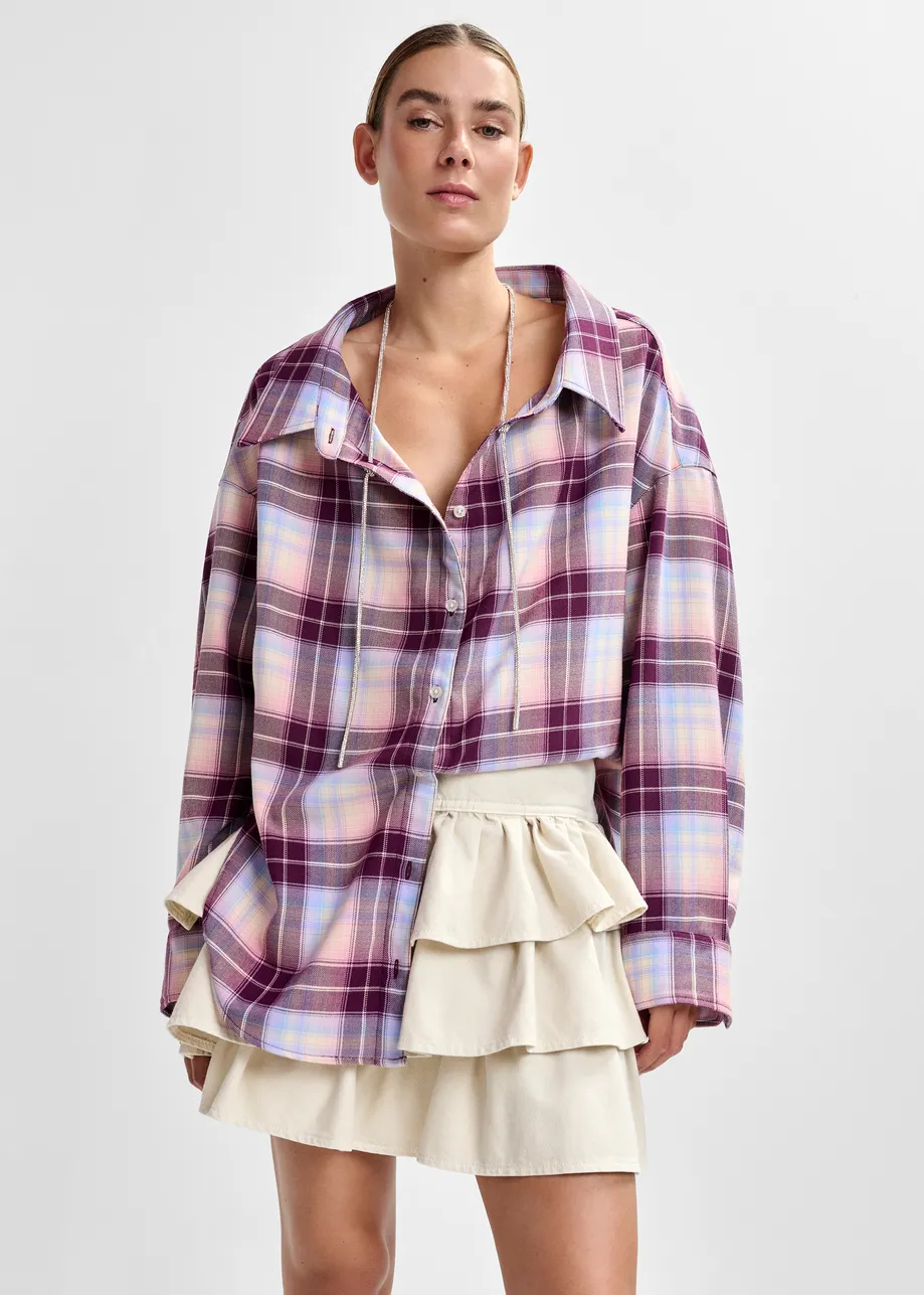 Purple, burgundy and light blue oversized plaid shirt with rhinestone chain