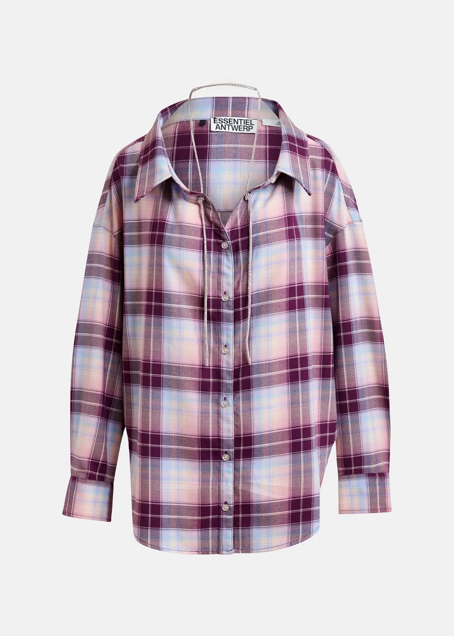 Purple, burgundy and light blue oversized plaid shirt with rhinestone chain