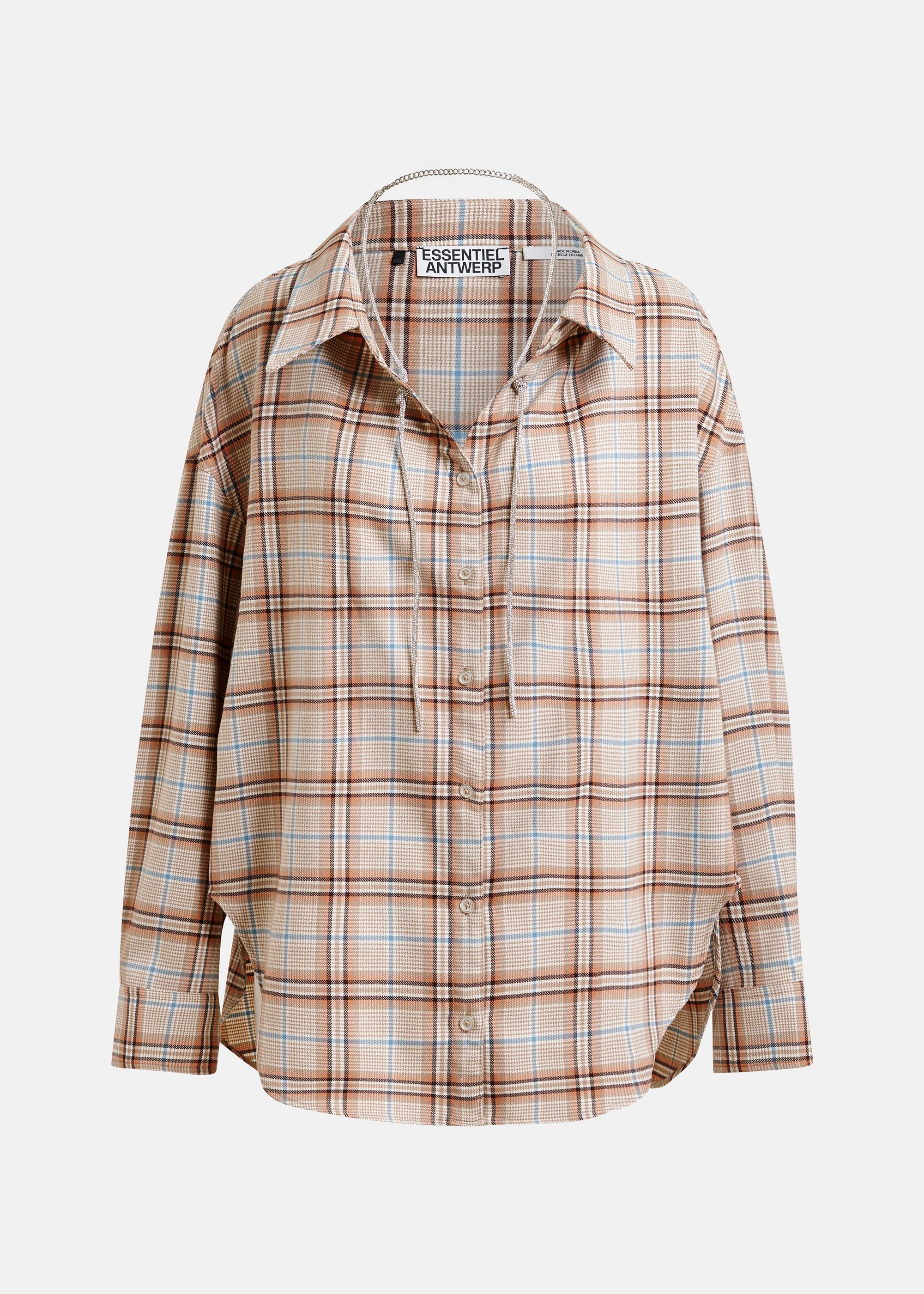 Beige, orange and blue oversized plaid shirt with rhinestone chain