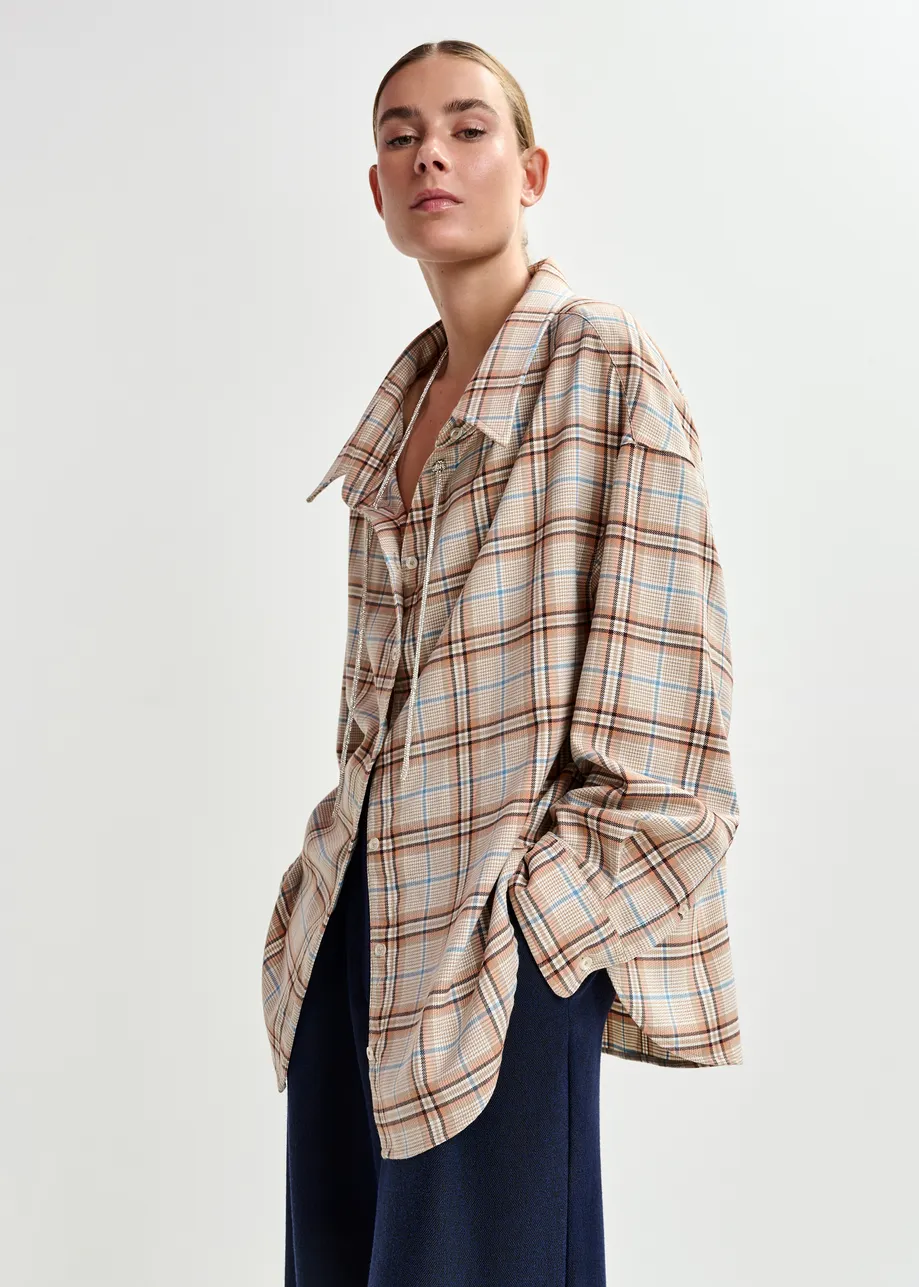 Beige, oranje en blauw tartan overhemd met ketting van stras