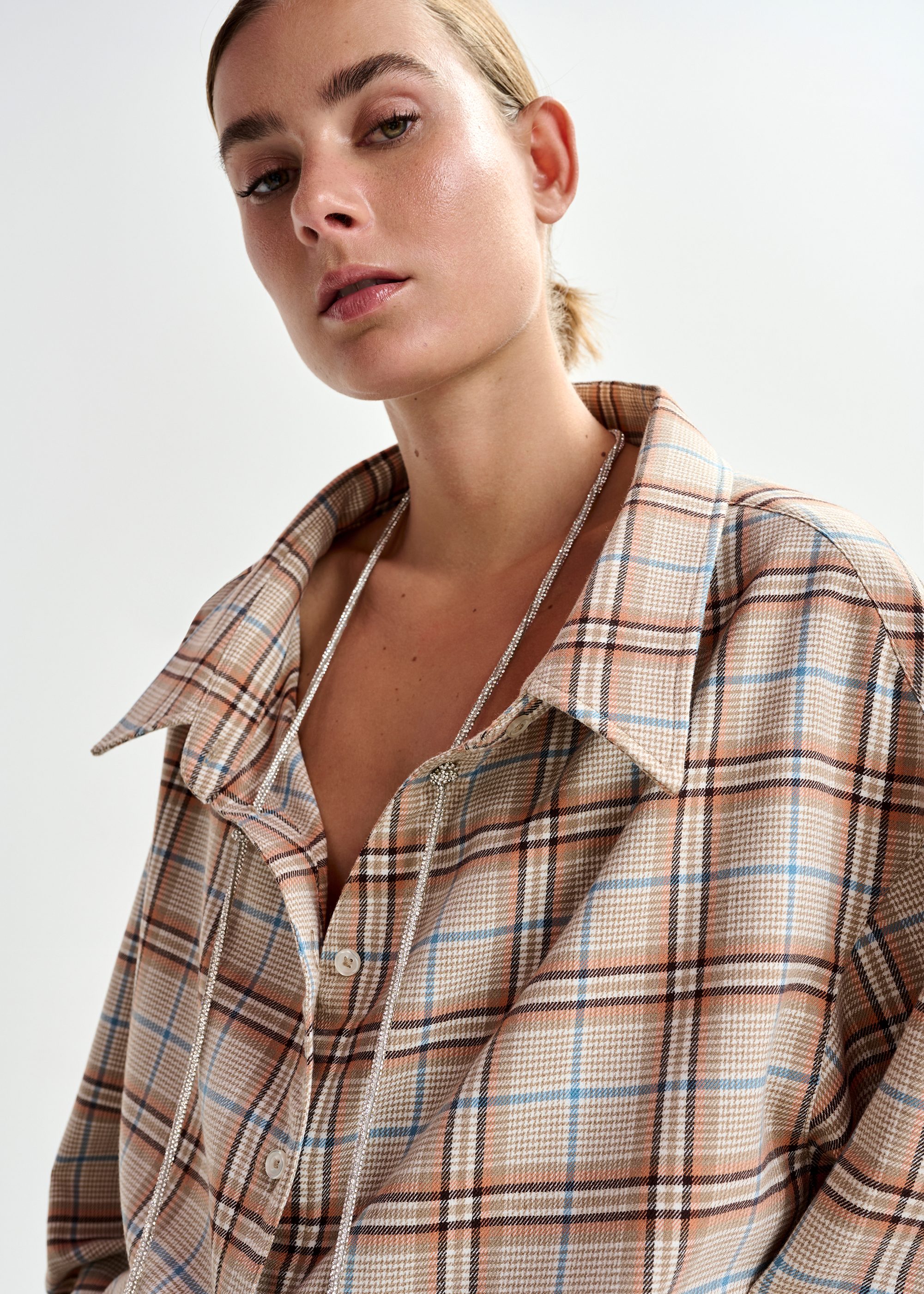 Beige, orange and blue oversized plaid shirt with rhinestone chain