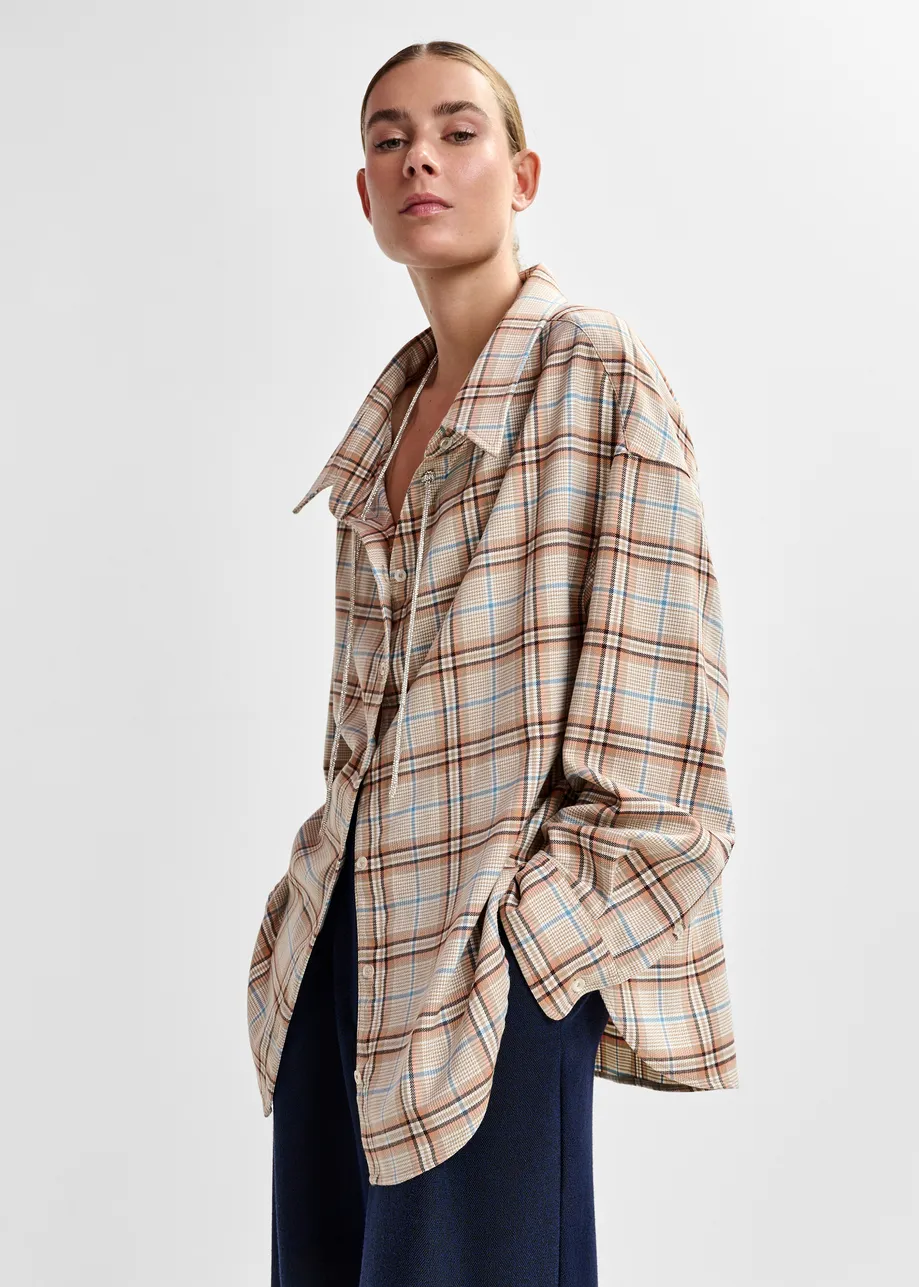 Beige, orange and blue oversized plaid shirt with rhinestone chain