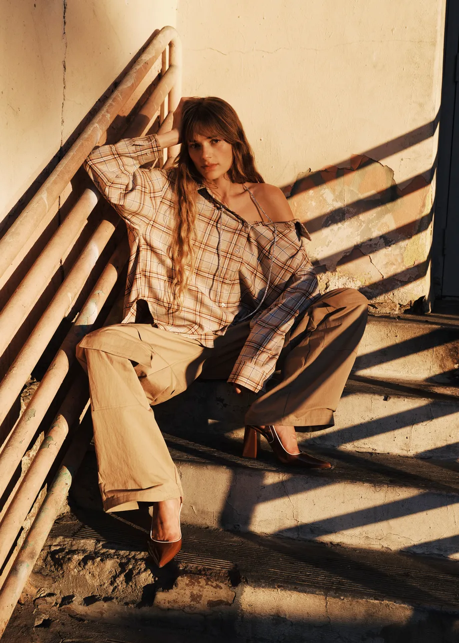 Beige, orange and blue oversized plaid shirt with rhinestone chain