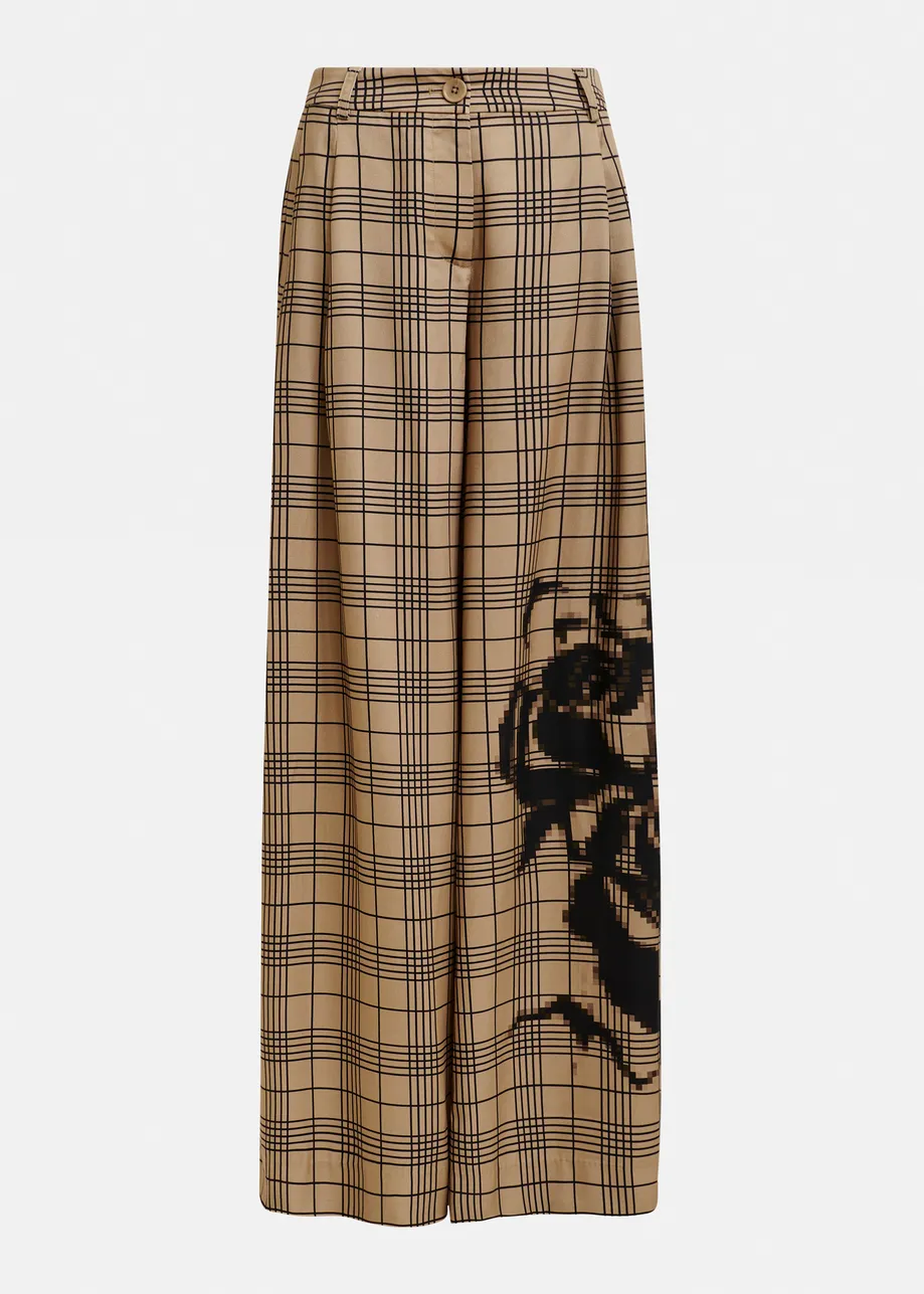Bruin en zwart geruite broek met brede pijp en geplaatste print