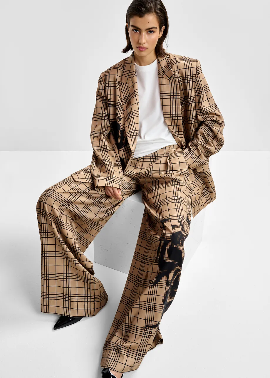 Pantalones a cuadros con pierna ancha y estampado, marrón y negro