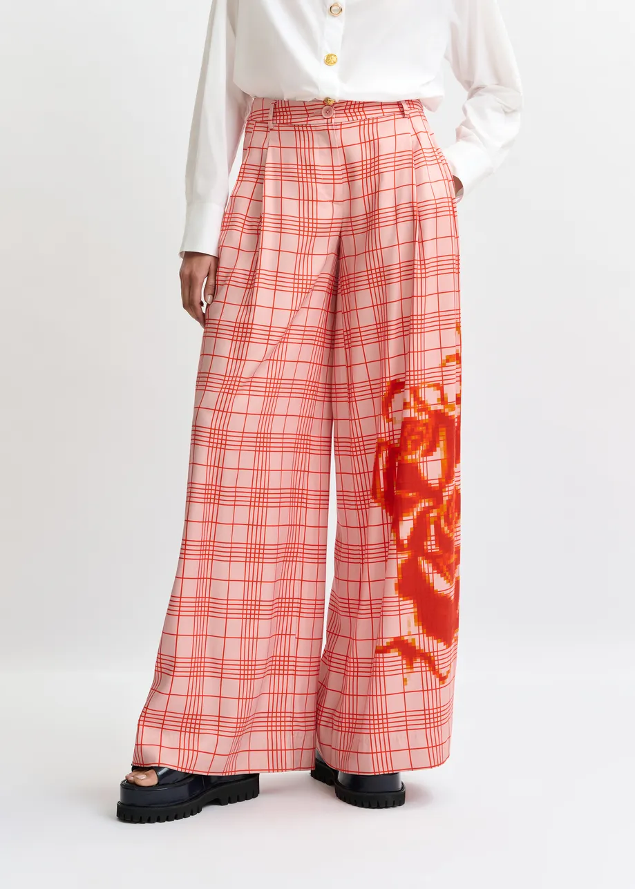 Roze en rood geruite broek met brede pijp en geplaatste print