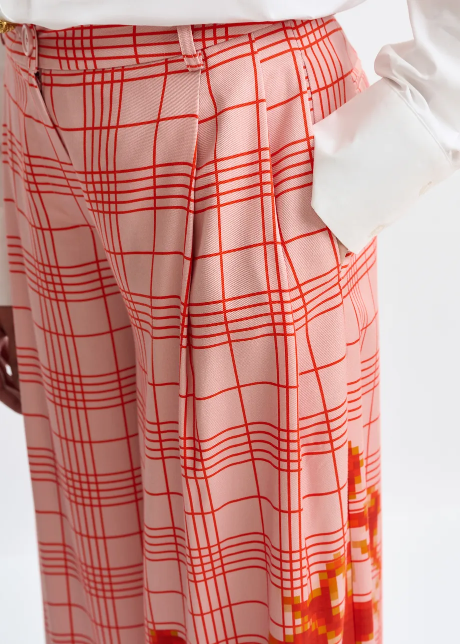 Roze en rood geruite broek met brede pijp en geplaatste print