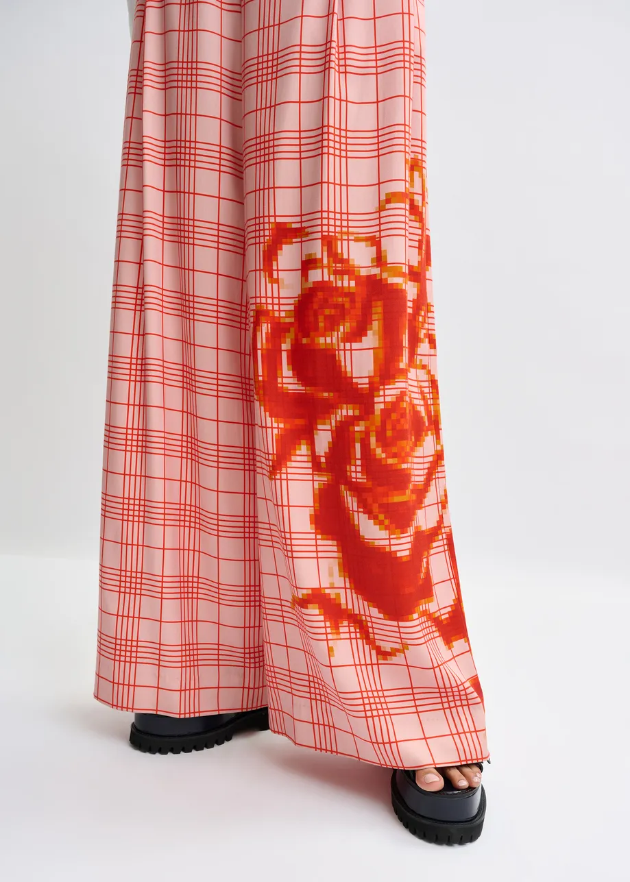 Roze en rood geruite broek met brede pijp en geplaatste print