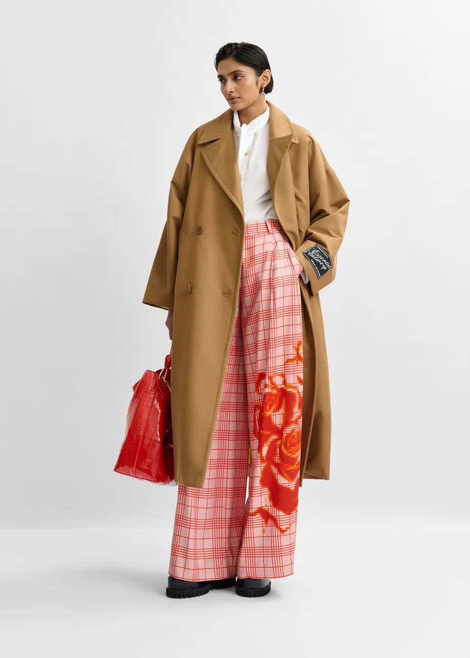 Pink and red checked wide-leg pants with placed print