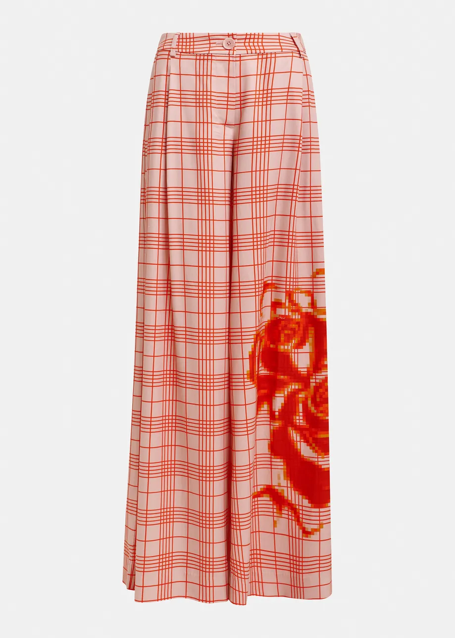Roze en rood geruite broek met brede pijp en geplaatste print