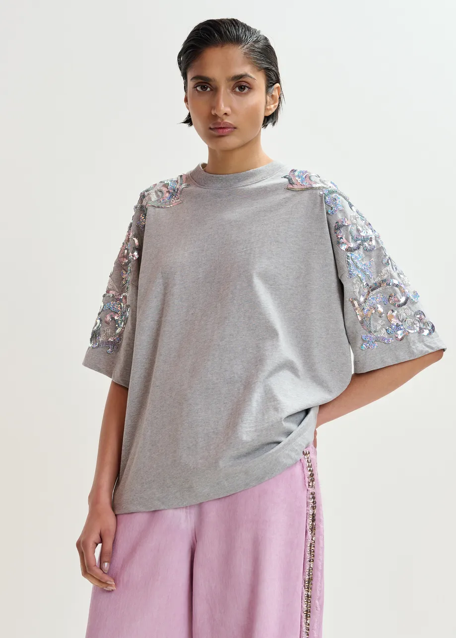 Grey cotton T-shirt with sequin and bead embellishments