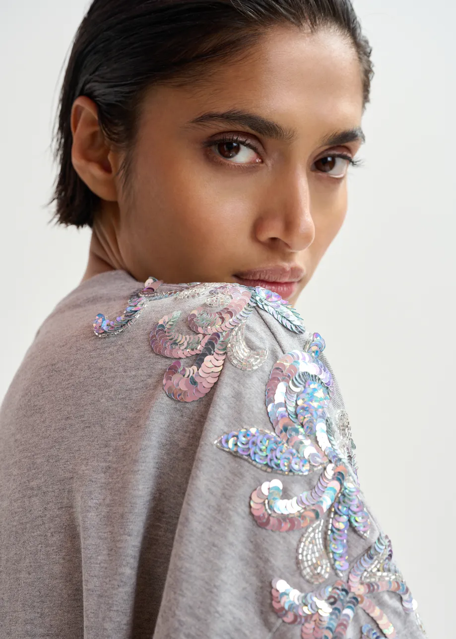 Grey cotton T-shirt with sequin and bead embellishments
