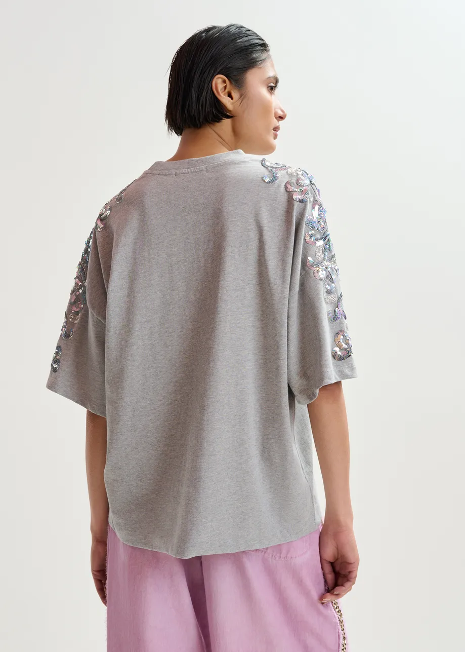 Grey cotton T-shirt with sequin and bead embellishments