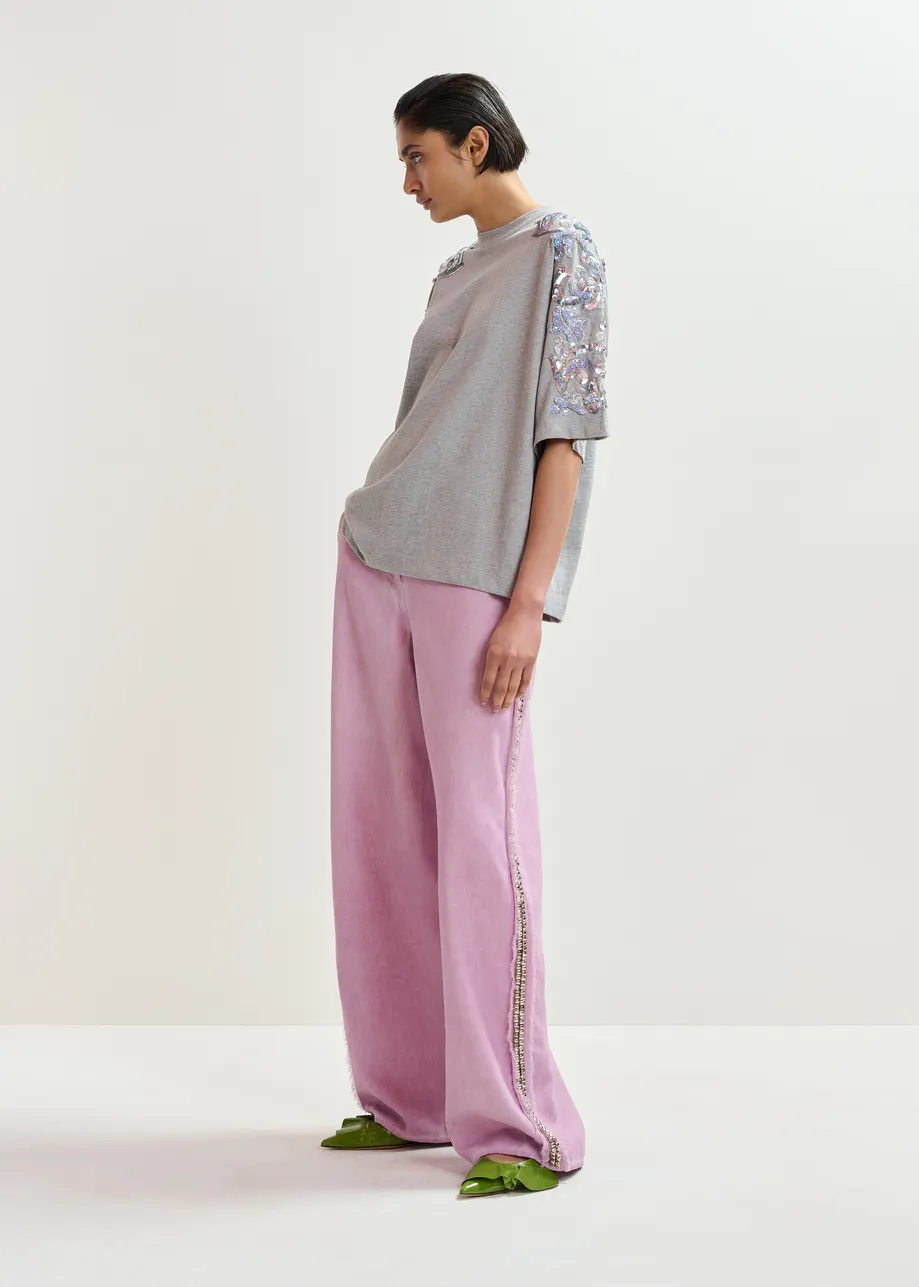 Grey cotton T-shirt with sequin and bead embellishments