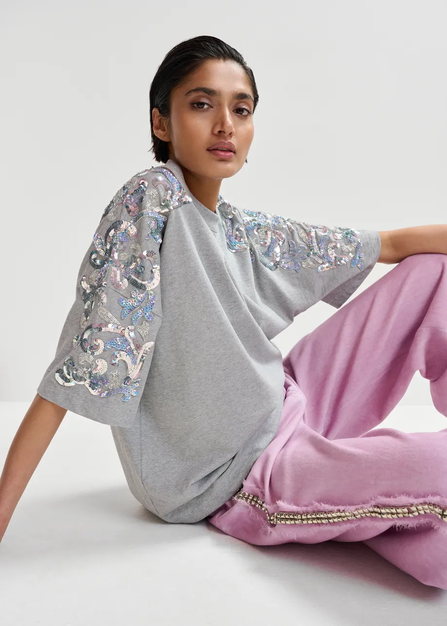 T-shirt en coton gris à paillettes