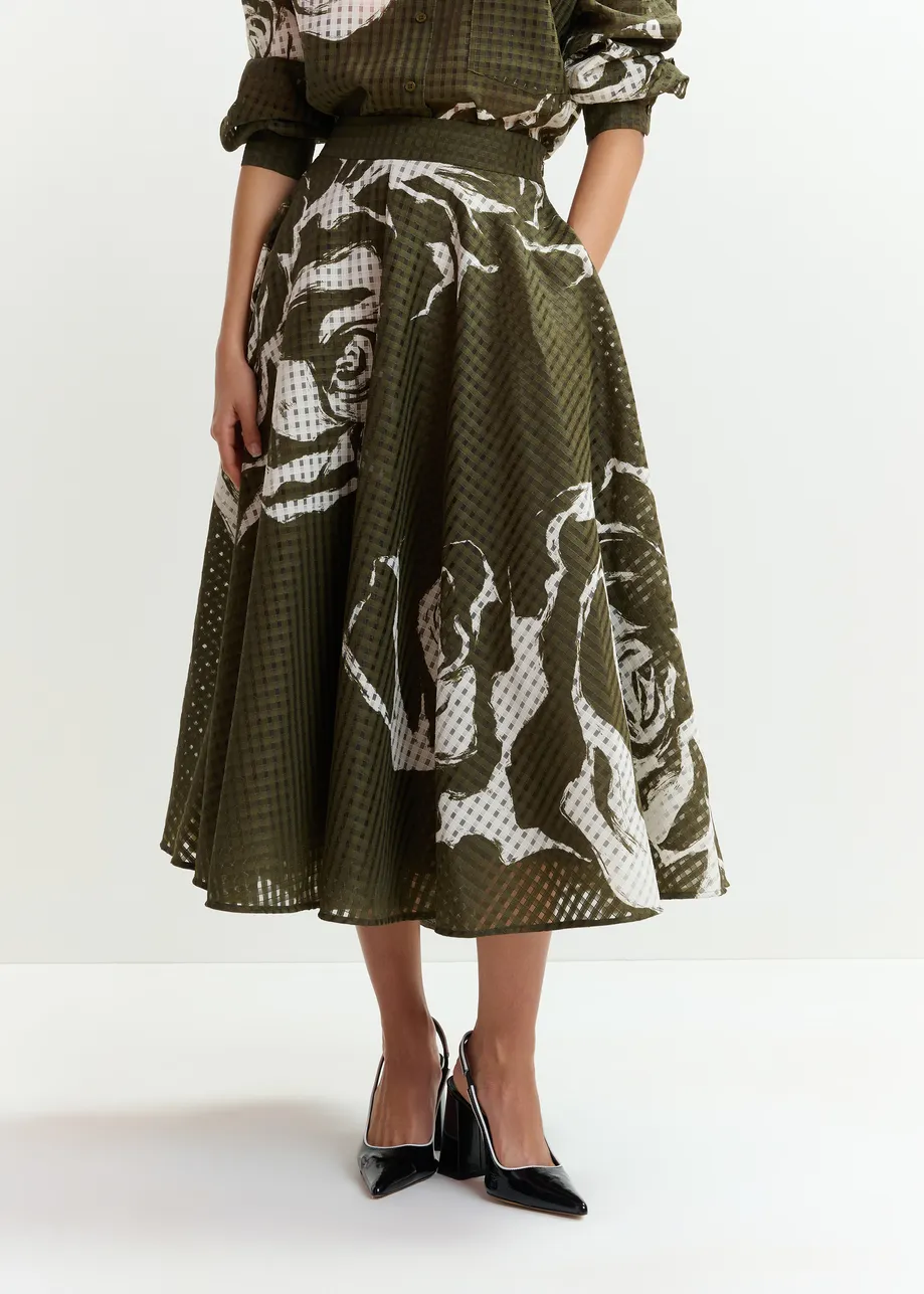 Khaki and off-white pleated midi skirt with flowers