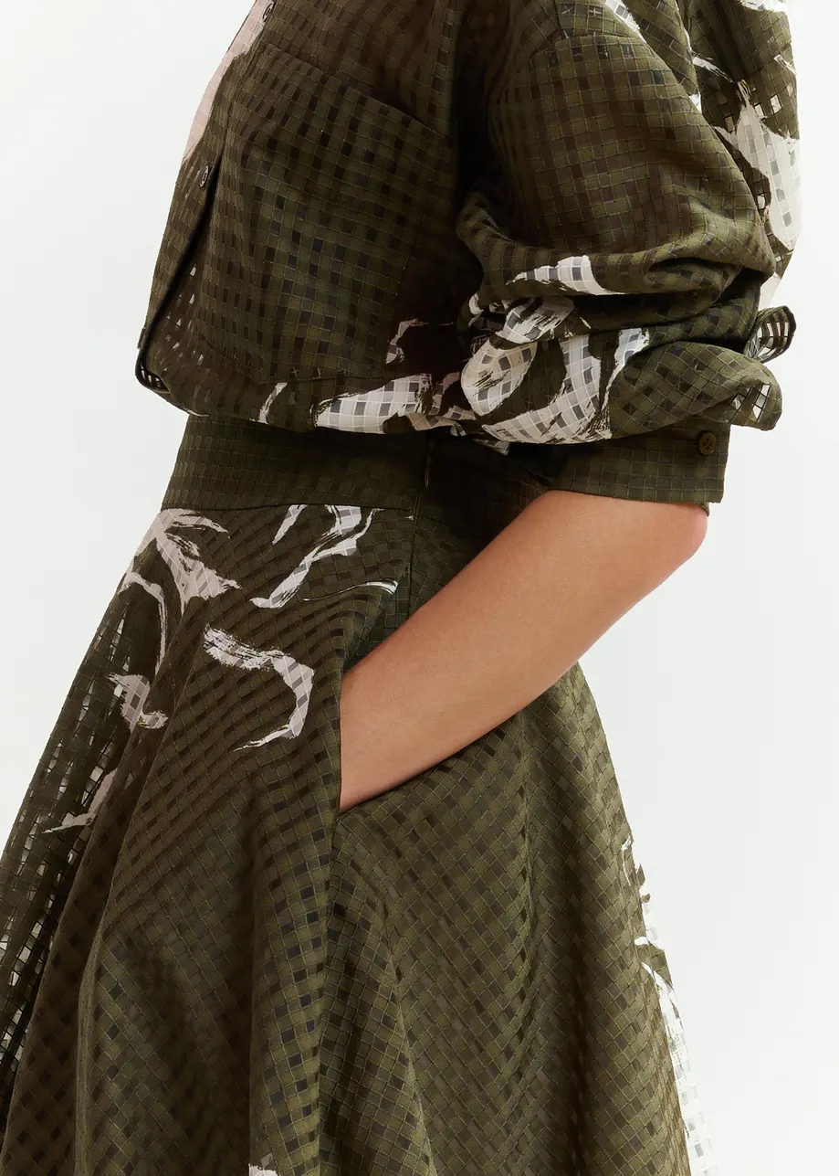 Khaki and off-white pleated midi skirt with flowers