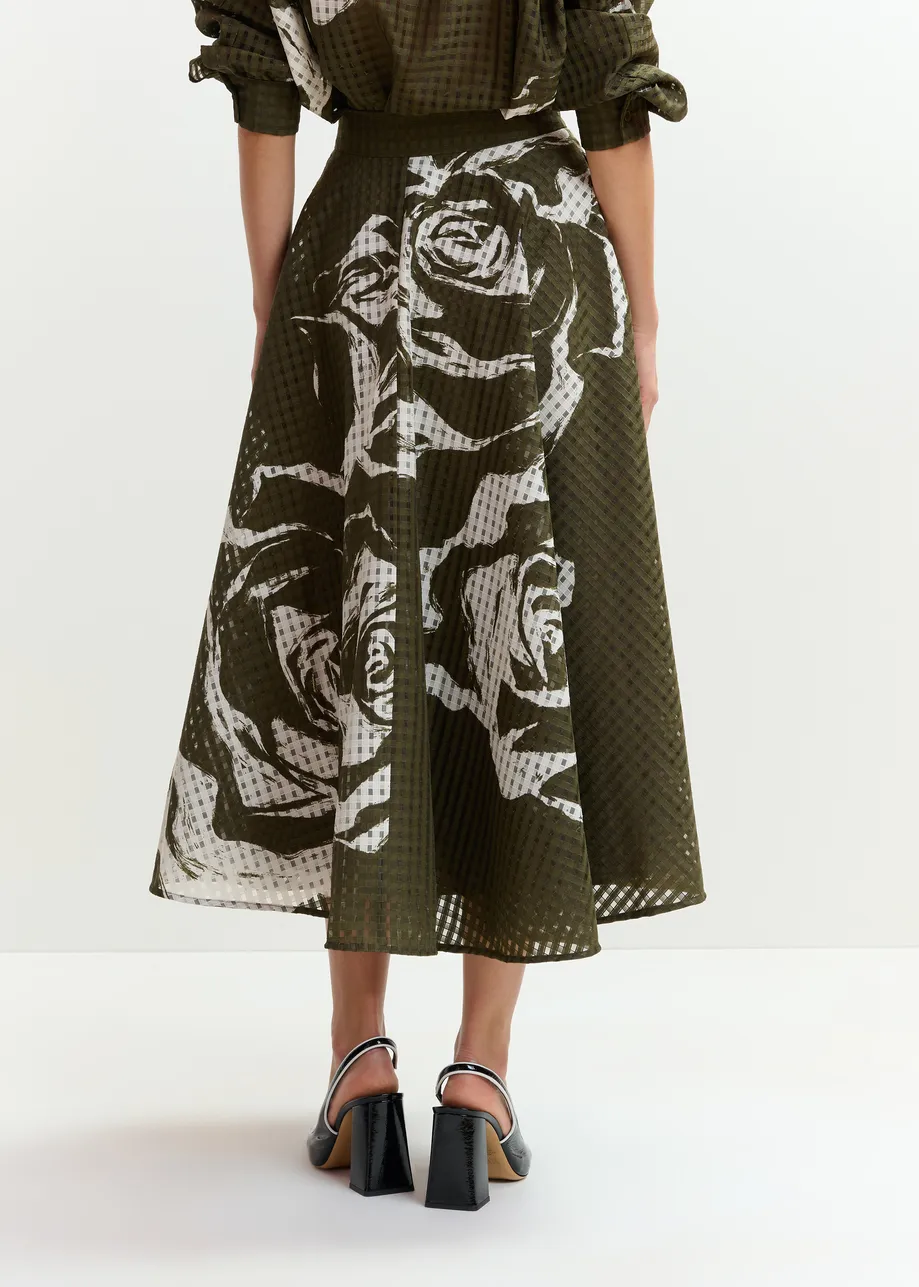 Khaki and off-white pleated midi skirt with flowers