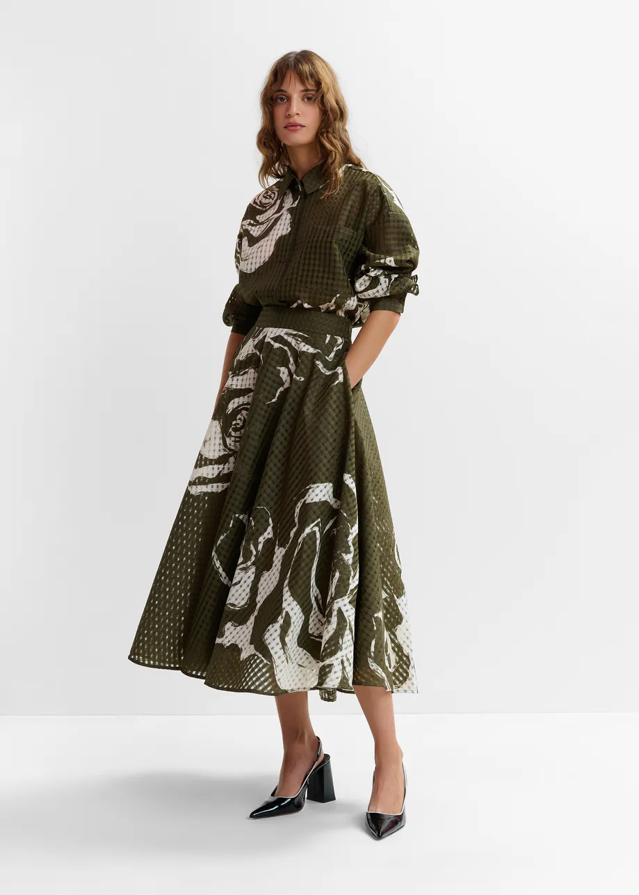 Khaki and off-white pleated midi skirt with flowers