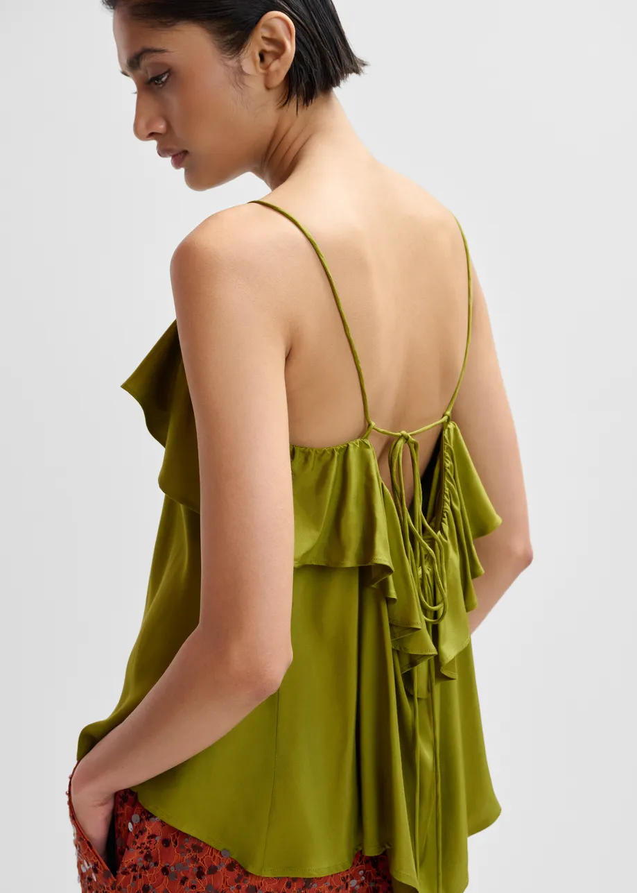 Green ruffled camisole top with tie-back detail