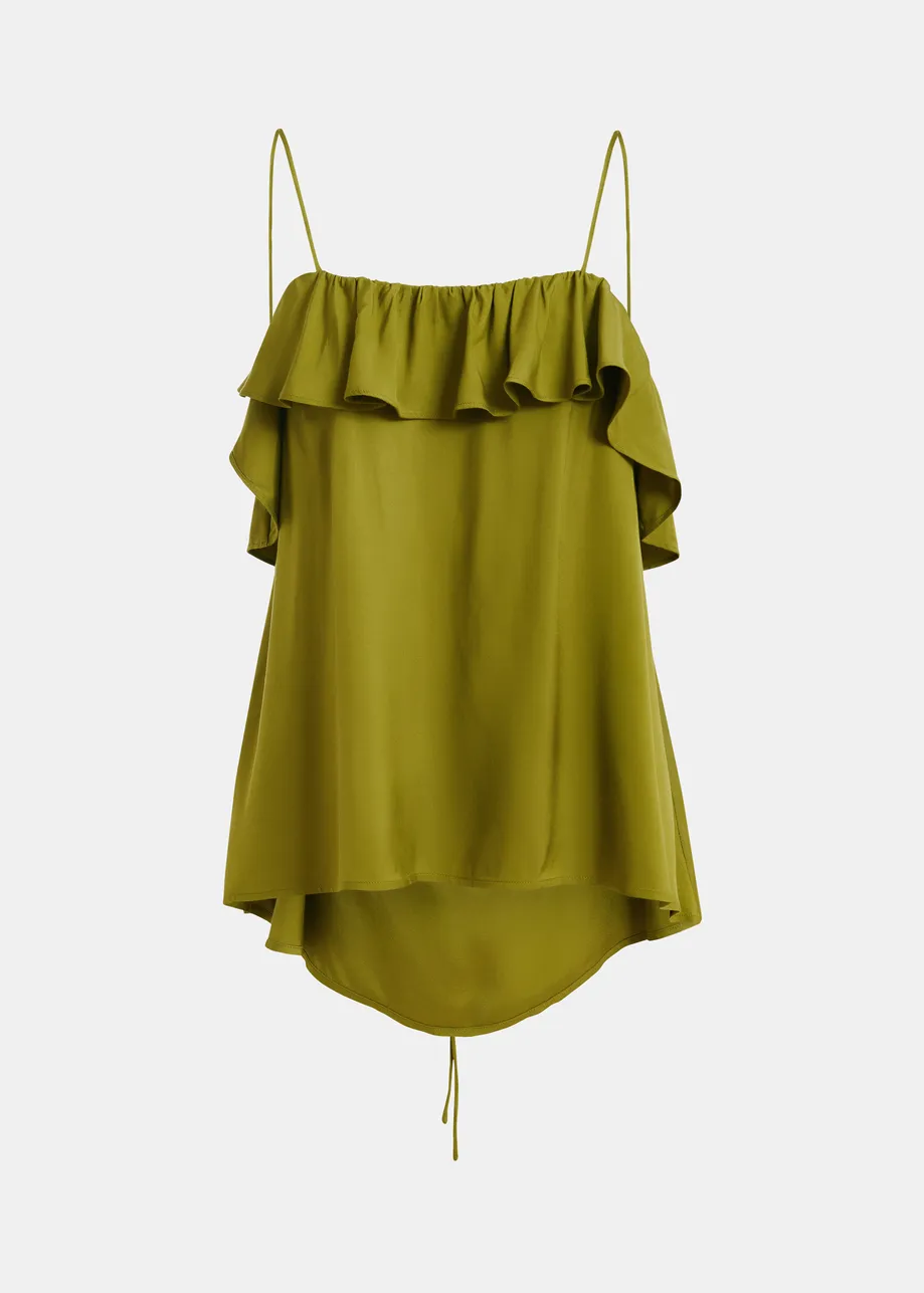 Green ruffled camisole top with tie-back detail