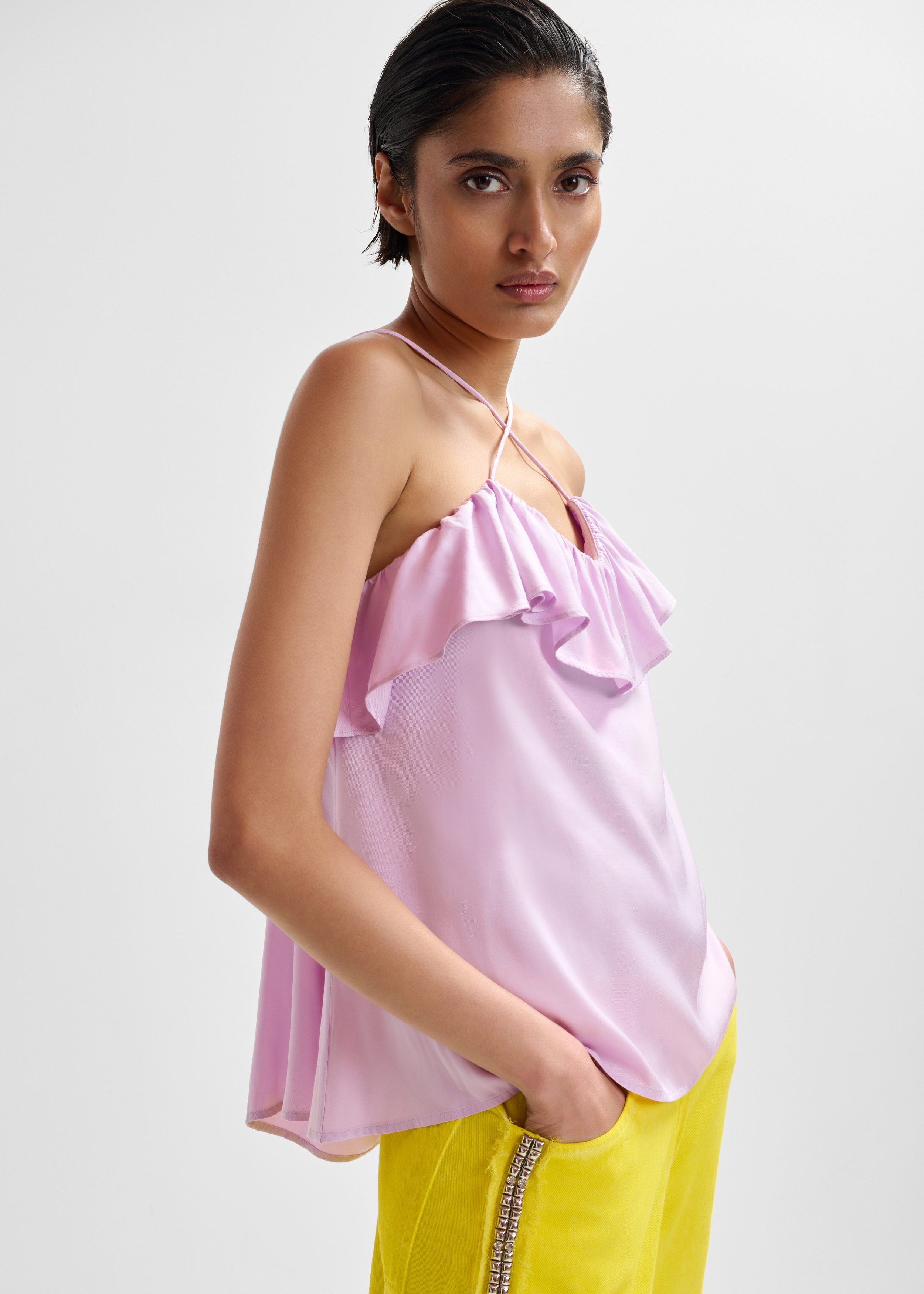 Lilac ruffled camisole top with tie-back detail | Essentiel