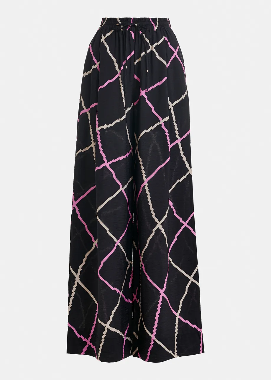 Zwart, roze en beige geruite broek met brede pijp