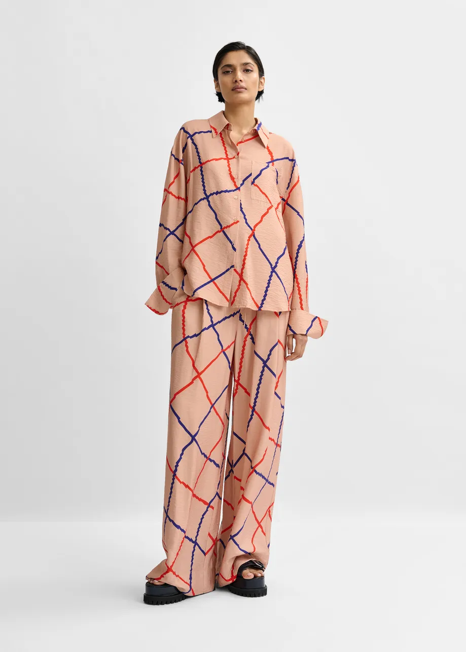 Light pink, red and blue check print wide-leg pants