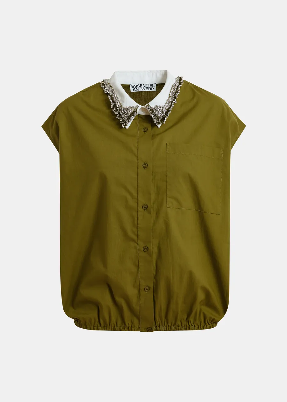 Grünes, ärmelloses Baumwollhemd mit verziertem Kragen